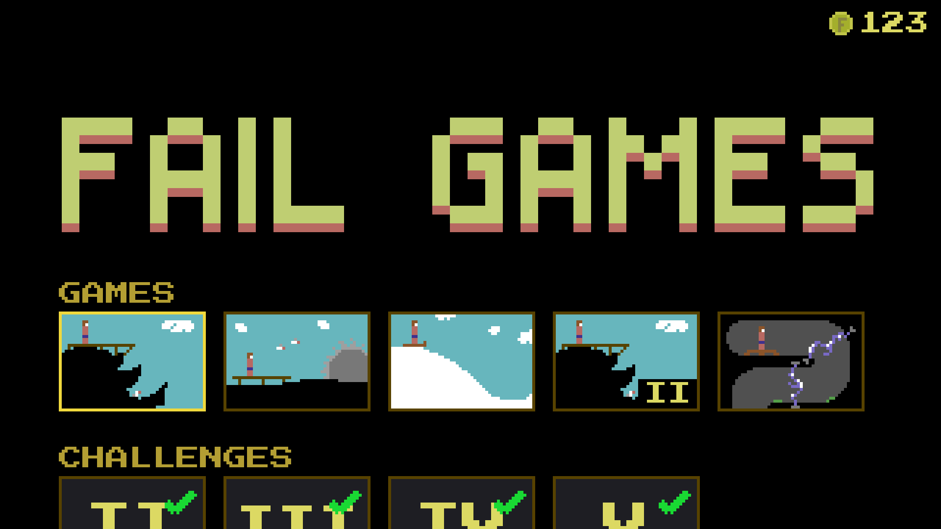 FAIL GAMES menu / hub with games, challenges and coins